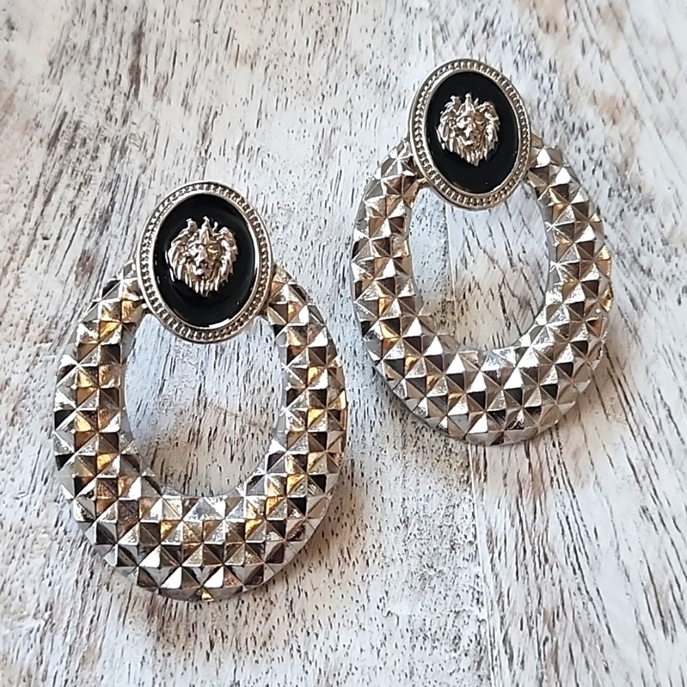 Silver Hoop Post Earrings with Lionhead New